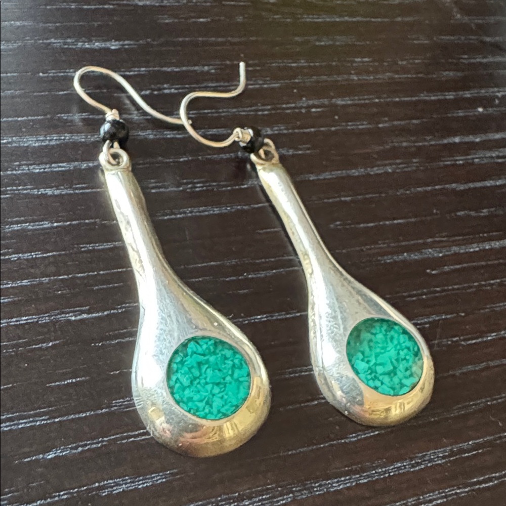Mexican silver and green crushed turquoise drop Earrings